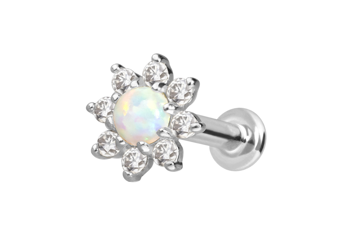 14 Karat Gold Labret Piercing mit Push Fit MOISSANIT-BLUME + SYNTHETISCHER OPAL